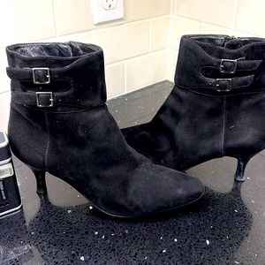 Aquatilia size 9 Black suede booties, With a 3 inch heel.
